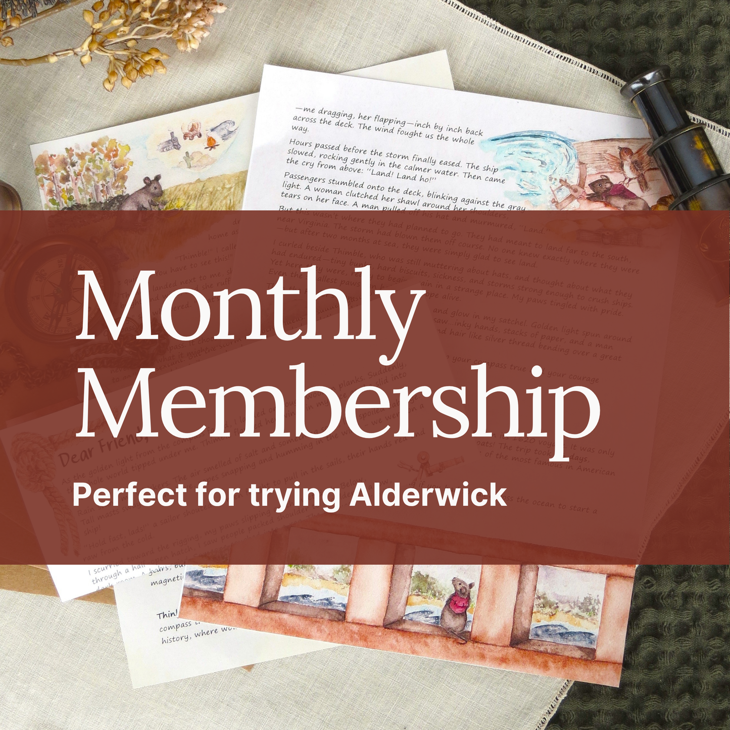 Promotional graphic for educational mail subscription 'Alderwick', featuring a large dark red banner with white text over a styled flat-lay of children's books and reading materials.