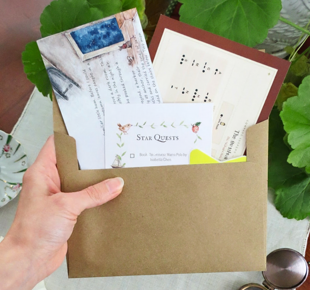 A hand holds an open brown kraft envelope filled with printed cards and letters for a homeschool history curriculum, surrounded by green leaves and a tabletop setting.
