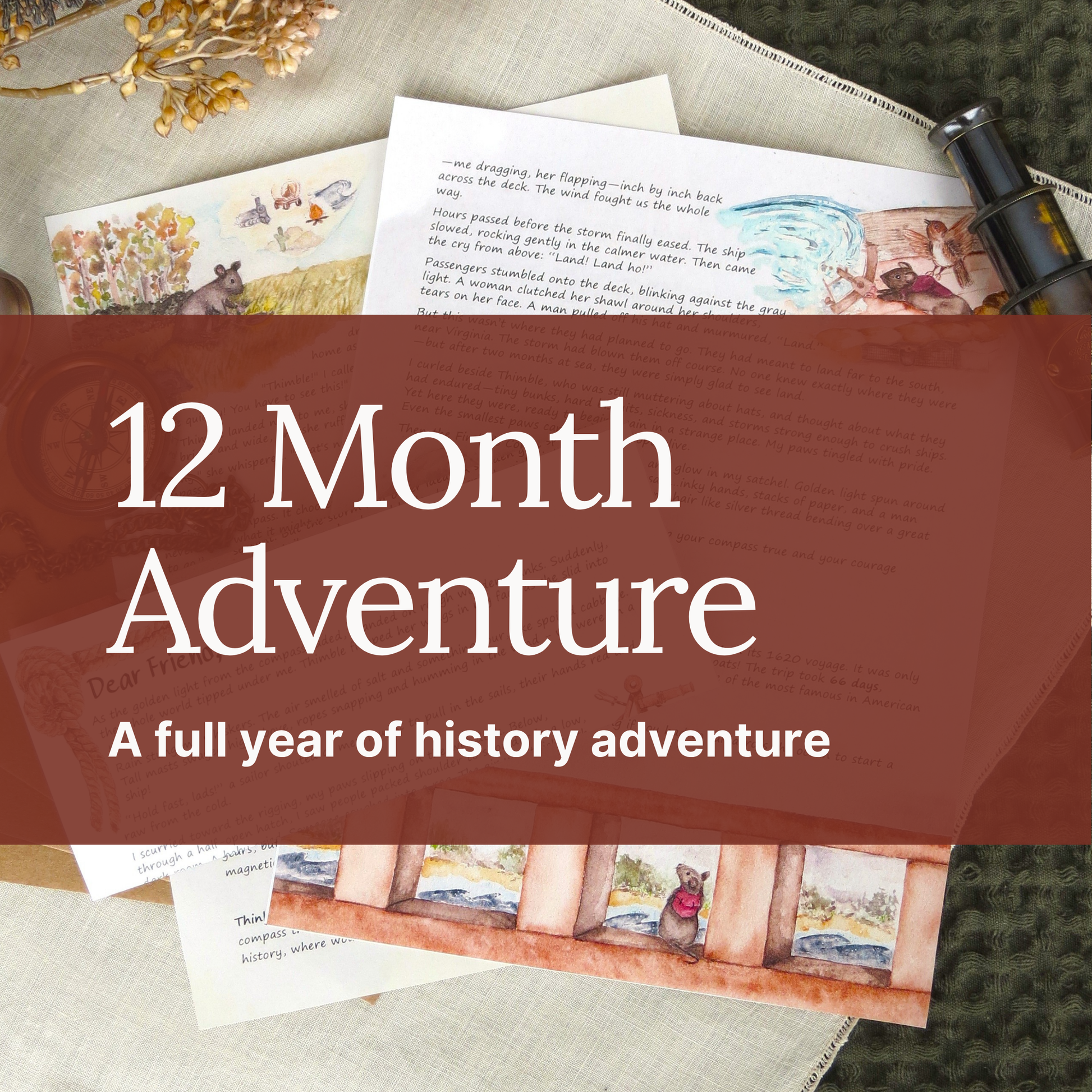 A promotional graphic for a 12-month history adventure program, featuring a large dark red translucent banner with white text reading '12 Month Adventure' and 'A full year of history adventure' over a styled flat-lay of books, a magnifying glass, and printed pages.