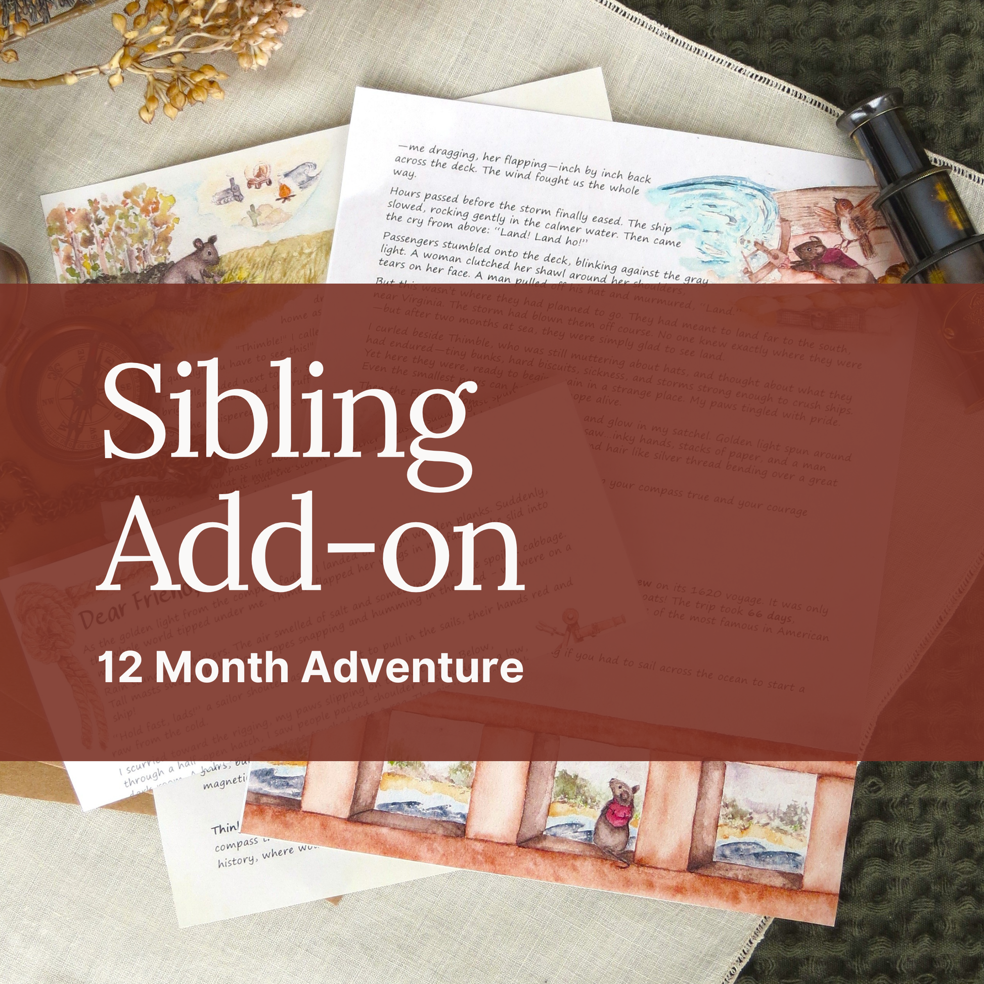 Promotional graphic for a 'Sibling Add-on' for Alderwick Adventures elementary history curriculum shown over a styled flat-lay of vintage-style letters, a small magnifying glass, and a wooden fence illustration.