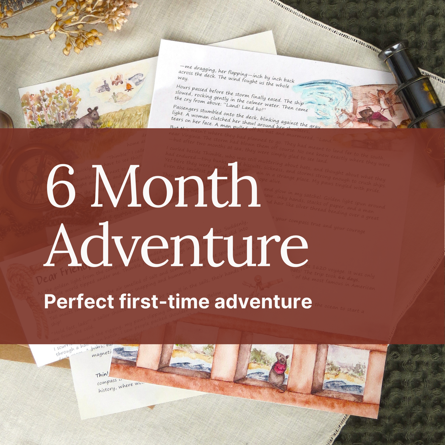 A styled flat-lay of children's book pages and a small black toy camera on a textured fabric surface, with a large translucent maroon banner across the center reading '6 Month Adventure' and 'Perfect first-time adventure.'.