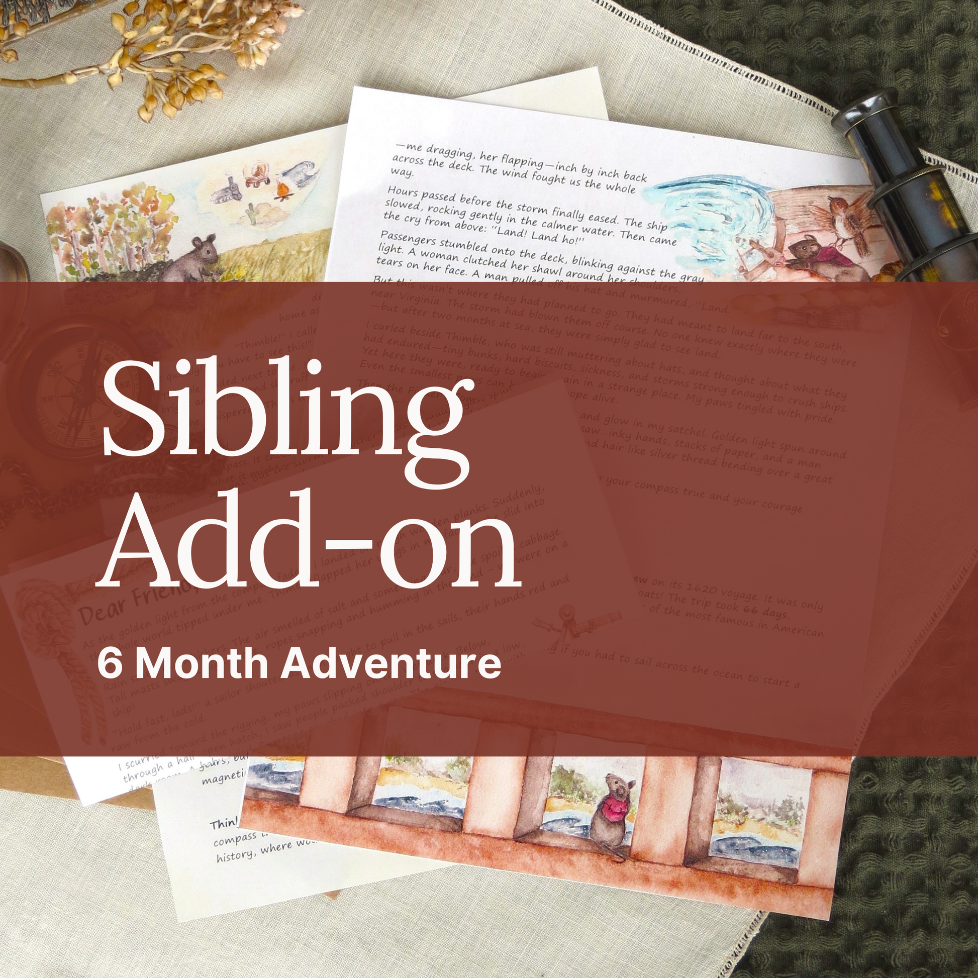 Promotional graphic for a 'Sibling Add-on' to Alderwick Adventure children's history curriculum shown over a styled flat-lay of vintage-style letters, a small magnifying glass.